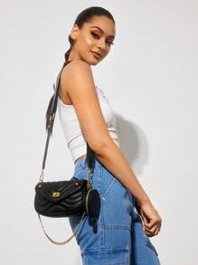 SHEIN SXY 2入組女性時尚極簡主義街頭風格黑色手提包，具有對比縫線和可拆式小袋 - 黑色 - 查看 7