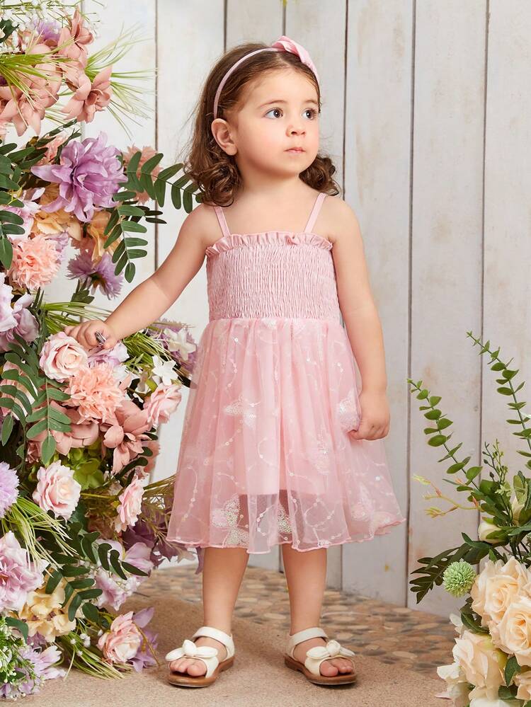 Baby Girl Pink Lace Butterfly Sparkly Embroidery Mesh Elegant & Fancy Casual Dress For Wedding Season, Spring/Summer