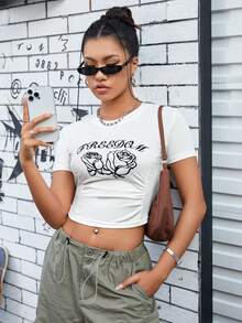 SHEIN Sports Floral And Letter Pattern Cropped Sports T-Shirts