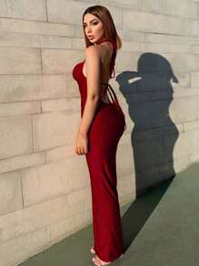 Allurite Women's Off-Shoulder Tie Knot Backless Dress Burgundy Maxi Women Outfit - Burgundy - View 4