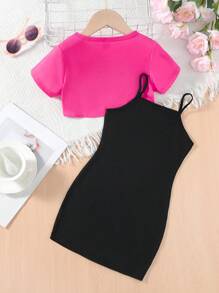 SHEIN Trẻ Cô gái Lá thư In Xoắn Nút Áo thun Và Váy Dây 2 Miếng Bộ - Màu Hồng Tươi - Xem 2