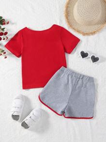 少女心印花短袖t恤和短褲套裝 - 紅色 - 查看 2