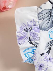 SHEIN Tween Girl's Floral Print Dress With Ruffle Trim And Waist Belt - Blue - View 3