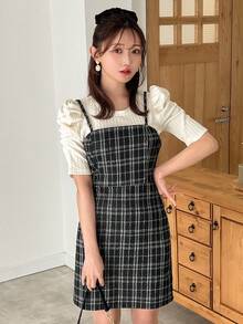 FRIFUL 女士格紋細肩帶a字裙 - 黑與白 - 查看 2