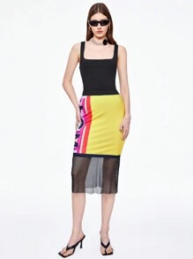 SHEINNeu Summer Ladies' Sheer Mesh Skirt With Letter Print - Yellow - View 3