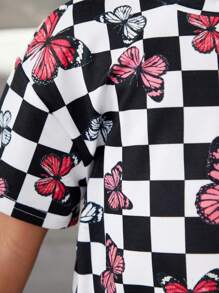 SHEIN 年輕女孩的可愛蝴蝶印花垂肩上衣和短褲套裝 - 黑與白 - 查看 4