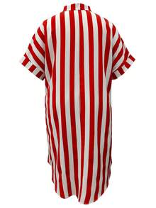 Plus Size Women Asymmetric Hem Striped Dress - Red and White - View 2