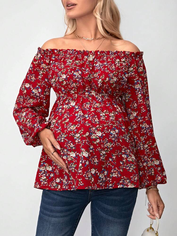 Maternity Off-Shoulder Lantern Sleeve Blouse With Floral Print
