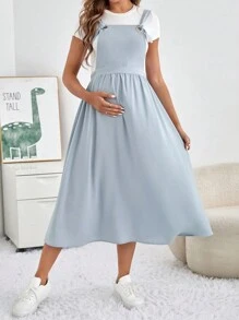 SHEIN Robe De Bretelle De Maternité Avec Décoration De Passants À Œillets - Bleu ciel - Voir 5
