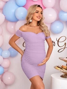 Loomaby Gender Reveal Dress Maternity Off-Shoulder Ruched Bodycon Dress Baby Shower Dress - Mauve Purple - View 6