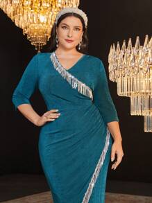 Modelyn Robe Drapée Ruchée Grande Taille À Paillettes Et Franges