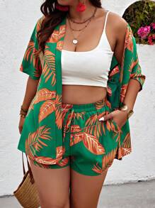 SHEIN Clasi Plus Size Boho Random Printed Drop Shoulder Sleeve Top And Shorts Two Pieces Set, For Summer - Green - View 5
