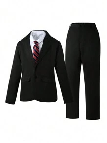 SHEIN 2 件套青少年男孩正装西装 - 纯色西装外套，纯色裤子配领带，适合生日派对、典礼、婚礼、周年纪念 - 黑色 - 查看 1