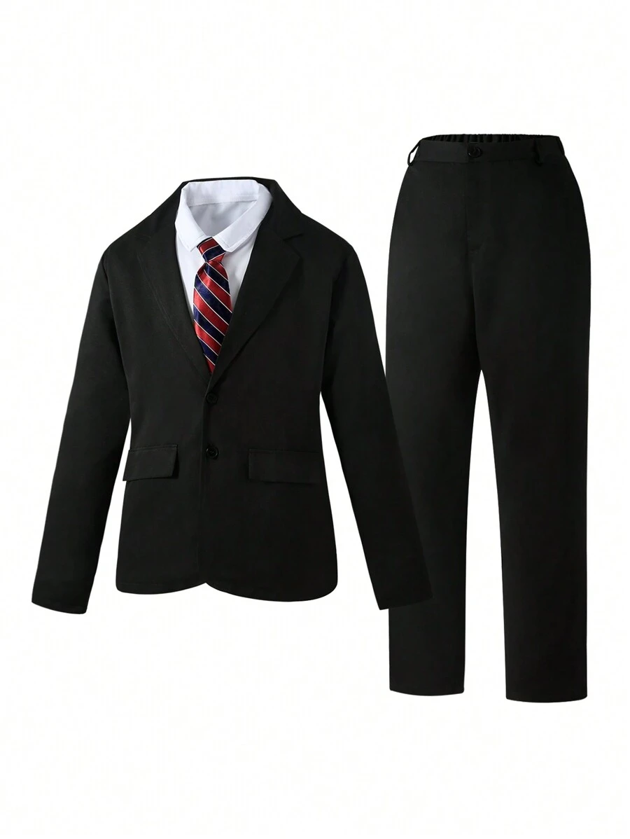 SHEIN 2 件套青少年男孩正装西装 - 纯色西装外套,纯色裤子配领带,适合生日派对、典礼、婚礼、周年纪念 - 黑色 - 查看 1