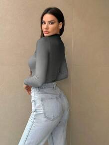 SHEIN Essnce Solid Color Stand Collar Long Sleeve Bodysuit - Grey - View 2