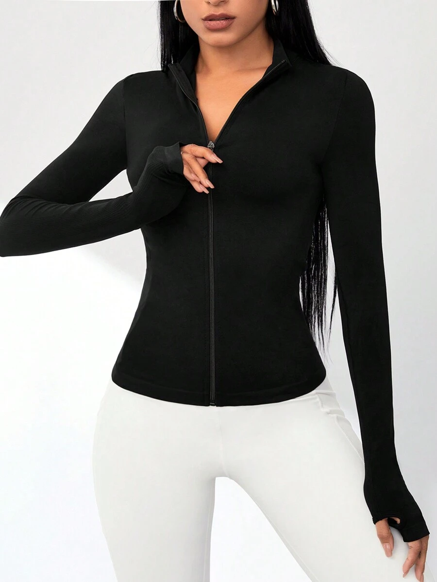 Gameset SHEIN Sport 無縫拉鍊前運動夾克輕量外套 - 黑色 - 查看 1