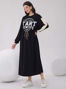 Mulvari 标语图案落肩抽绳腰部连衣裙 - 黑色 - 查看 5