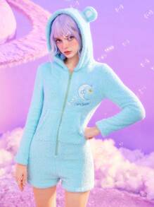 ROMWE X Care Bears Cartoon Embroidered Kangaroo Pocket With 3d Ear Decoration Hooded Teddy Chain Romper - Blue - View 1