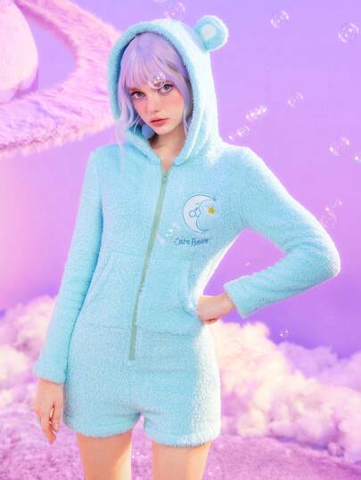 ROMWE X Care Bears Cartoon Embroidered Kangaroo Pocket With 3d Ear Decoration Hooded Teddy Chain Romper