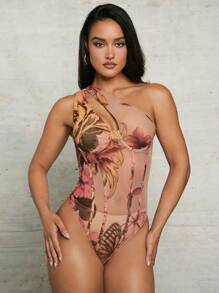 Silquee 春季服装抽象花卉网眼印花单肩镂空褶皱紧身弹力假日女式紧身衣 - 彩色 - 查看 5