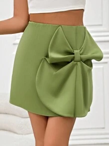 SHEIN Privé 女裝實色3d蝴蝶結細節迷你裙 - 綠色 - 查看 3