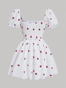 SHEIN MOD Vestido Con Mangas Abullonadas Y Cuello Cuadrado Con Estampado De Fresas - Blanco - Ver 2