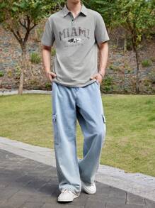 Manfinity VCAY Men's Knitted Loose Fit Half Buttoned Polo Shirt With Letter Pattern - Grey - View 3