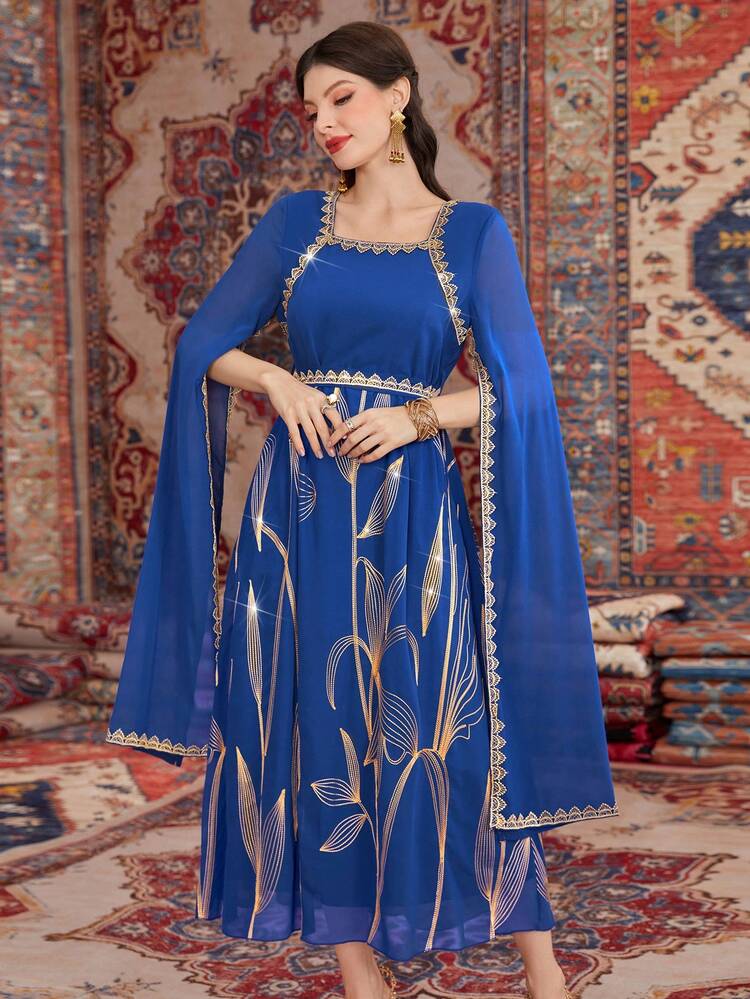 Women's Plant Embroidery Patchwork Weave Ribbon Cape Sleeve Dress, Elegant Evening Party Dress Long Evening Dresses Fall Cloth For Women