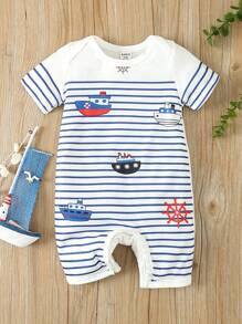 嬰兒男童短袖海洋條紋爬服