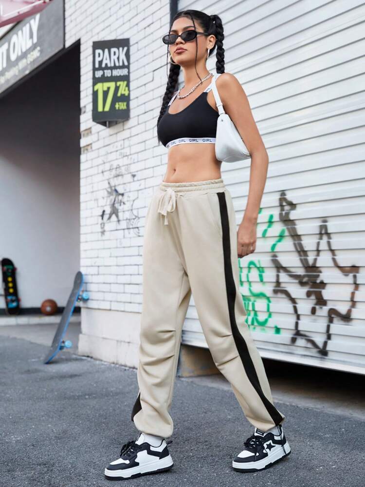 Drawstring Waist With Diagonal Pockets Sports Pants