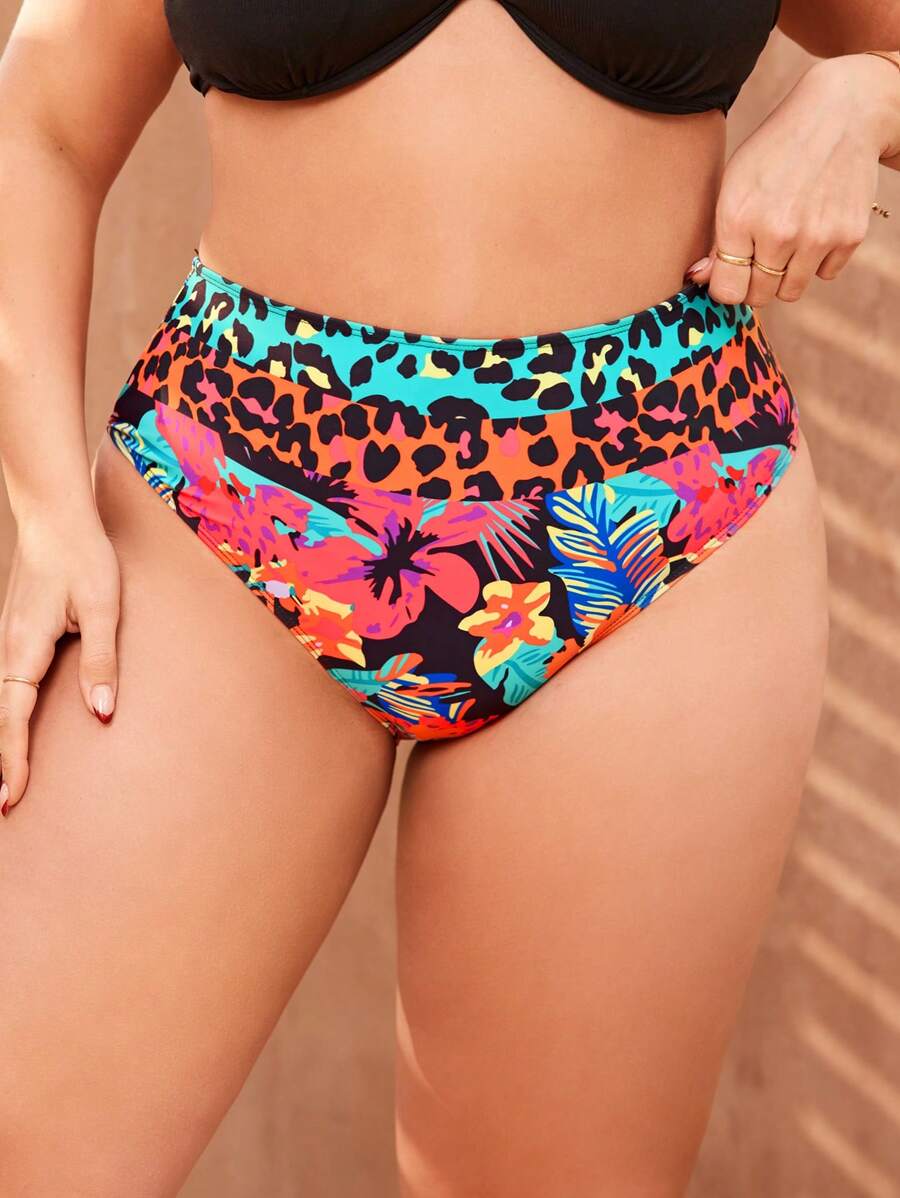 SHEIN Swim Curve 大碼豹紋和熱帶印花泳衣下著 - 彩色 - 查看 1