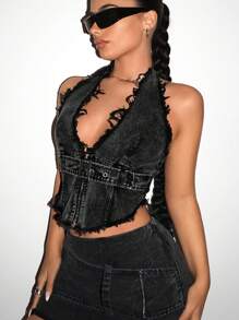 SHEIN ICON Y2K Water Washed Halter Top có viền sờn và thiết kế hở lưng - Màu xám đen - Xem 1