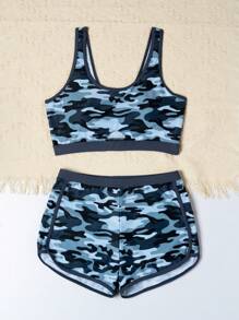 Teen Girls' Camouflage Print Tank Top And Shorts Bikini Set - Grey - View 6