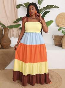 Slaydiva Plus Size Holiday Casual Colorblock A-Line Cami Strap Dress, Women Plus Size Loose Long Dress, Summer