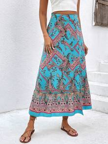 SHEIN VCAY Paisley Printed Slit Skirt - Blue - View 5