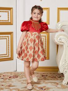 SHEIN Young Girl Standing Collar Puff Sleeve Pleated Hem Dress