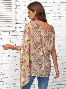 SHEIN Clasi 花卉印花不对称领蝙蝠袖衬衫，乡村音乐会风格 - 彩色 - 查看 2