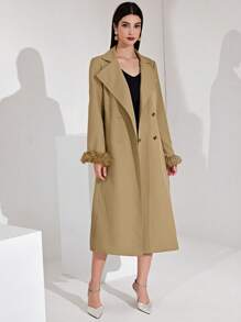Modelyn Women'S Double-Breasted Hairball Cuff Trench Coat With Patchwork Design - Khaki - View 5
