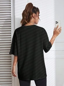 SHEIN EZwear Quý cô Vòng cổ Áo thun Với In thư - màu đen - Xem 2