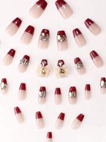 30pcs Burgundy French Manicure Artificial Nails With Gradient Glitter Crystals Rhinestone Coffin Shaped Short False Nails, 1 Base Nail File, 1 Pc Nail Gel Press On Nails