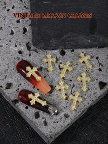 万圣节8件金铜色水钻立体美甲装饰方晶锆石十字架轻奢美甲贴片朋克十字架美甲钻，欧美风格立体美甲闪钻，复古简约万物Y2K金属十字架，哥特风格DIY美甲造型装饰，美甲水钻假指甲装饰配件美甲饰美甲用品美甲宝石 - 金色 - 查看 3