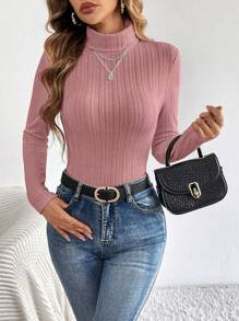 SHEIN Tall Women's High Neck Long Sleeve T-Shirt - Dusty Pink - View 6