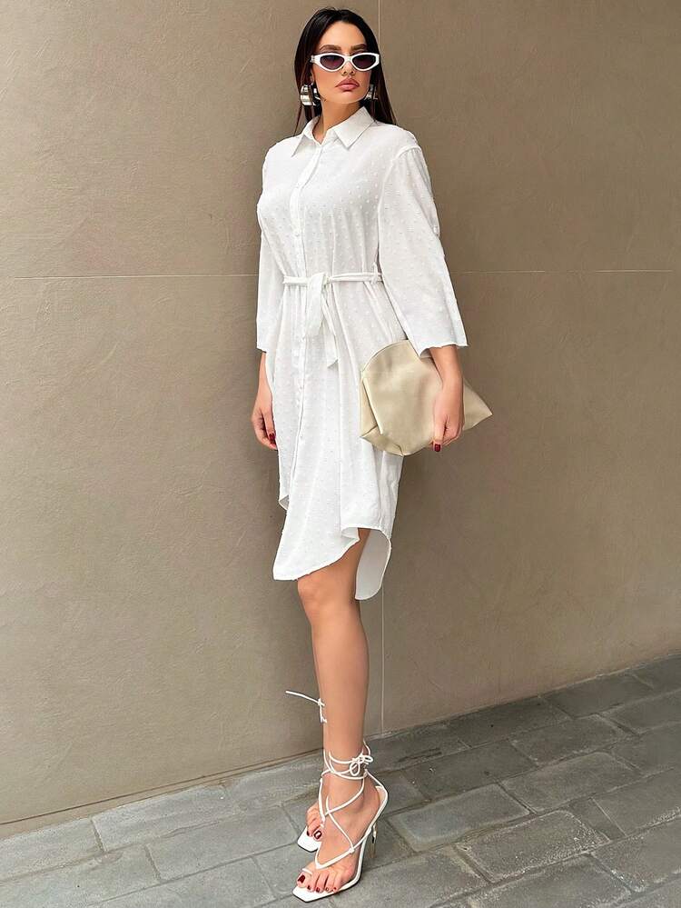White Jacquard Texture Open Front Shirt Collar Casual Vacation Dress With Waist Tie And Sleeve Detail For Women