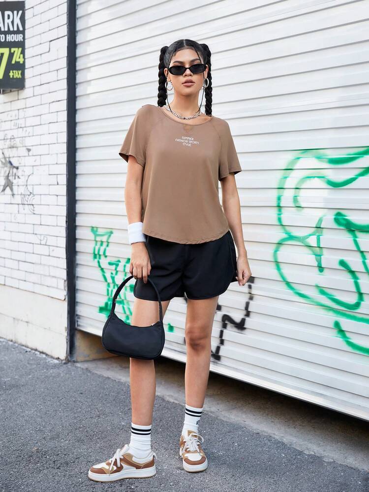 Women's Letter Print Raglan Sleeve Sport T-Shirt