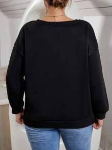 SHEIN EZwear Áo phông in hình chân dung giản dị thoải mái dành cho nữ cỡ lớn có cổ tròn và thiết kế trễ vai - màu đen - Xem 4