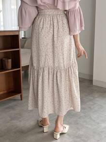 FRIFUL Váy chữ A lưng cao in chữ A có dây thun cho nữ - Màu be - Xem 2