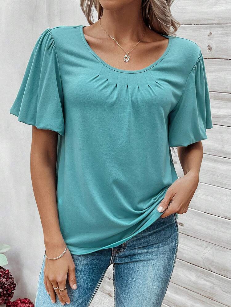 Women's Round Neck Short Sleeve Tee With Ruffle Hem