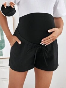 SHEIN Maternity Solid Color Adjustable Waist Shorts - Black - View 1