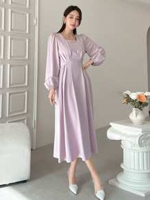 DAZY Ladies' Square Neck Lantern Sleeve Midi Dress