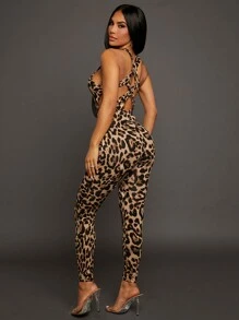 SHEIN SXY Knitted Leopard Print Sexy Jumpsuit - Coffee Brown - View 1